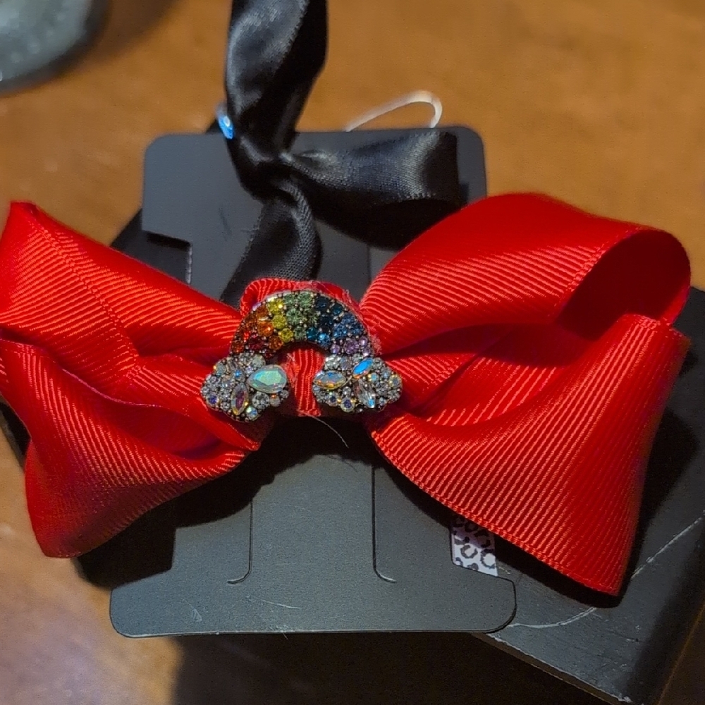 Red Bow Hair Clip with Rhinestone Detail